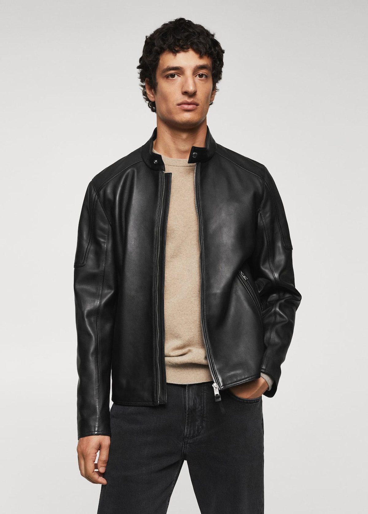 Zip-detail leather biker jacket